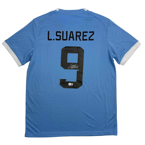 Autographed/Signed Luis Suarez Uruguay Blue Soccer Jersey Beckett BAS COA