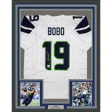 Framed Autographed/Signed Jake Bobo 35x39 Seattle White Football Jersey JSA COA