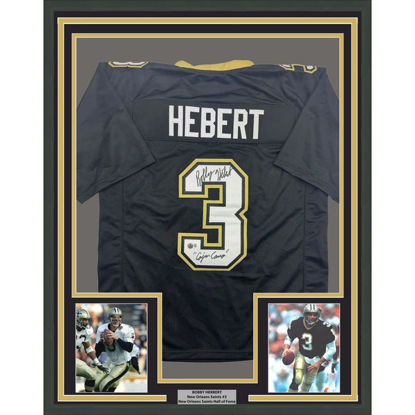 Framed Autographed/Signed Bobby Hebert 35x39 New Orleans Jersey Beckett COA
