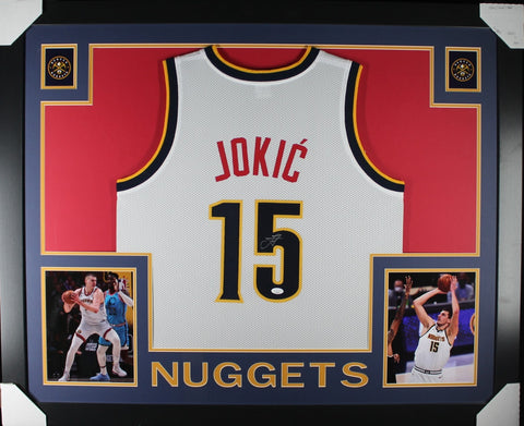 Nikola Jokic Autographed Pro Style White XL Framed Jersey 35x43 Beckett 51222