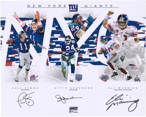 Phil Simms, Eli Manning and Ottis Anderson Giants Signed 16x20 Super Bowl Photo