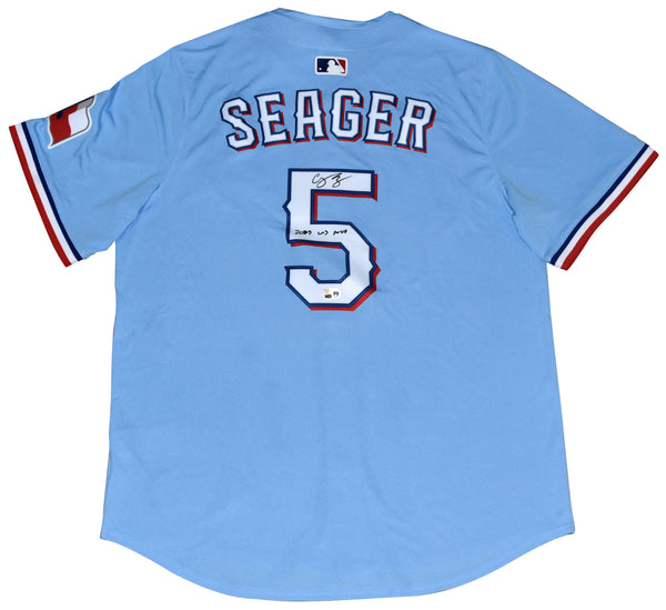 COREY SEAGER SIGNED TEXAS RANGERS #5 BLUE NIKE LIMITED JERSEY W/ 2023 WS MVP