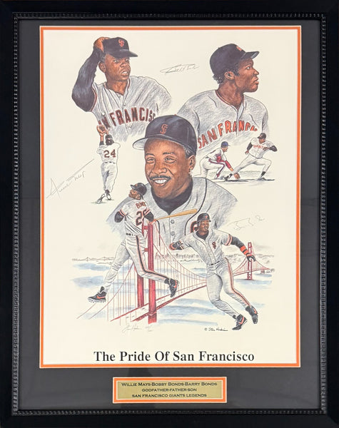 Willie Mays Barry Bonds Bobby Bonds Autographed 18x24 Photograph Framed Beckett