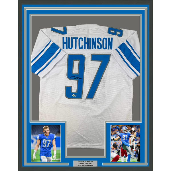 Framed Autographed/Signed Aidan Hutchinson 33x42 White Jersey Beckett BAS COA