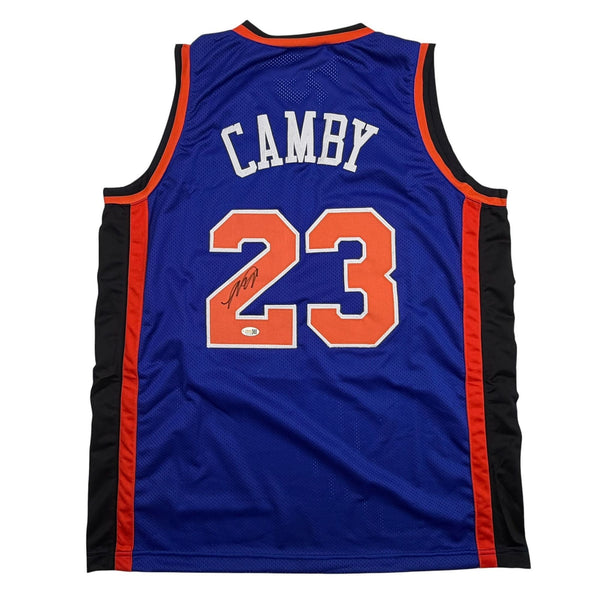 Autographed/Signed Marcus Camby New York Blue Basketball Jersey JSA COA