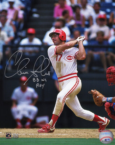 Chris Sabo Signed Reds Swinging Action 8x10 Photo w/88 NL ROY - (SCHWARTZ COA)