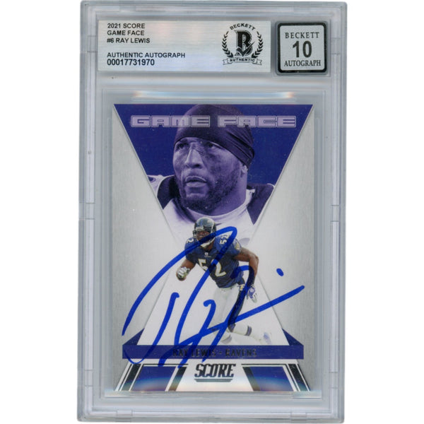 Ray Lewis Autographed 2021 Score Game Face Slabbed Trading Card Beckett 50014