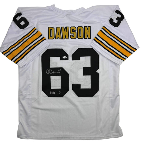 Autographed/Signed Dermontti Dawson HOF 12 Pittsburgh White Jersey JSA COA