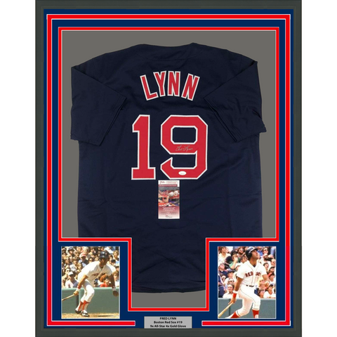 FRAMED Autographed/Signed FRED LYNN 33x42 Boston Blue Baseball Jersey JSA COA