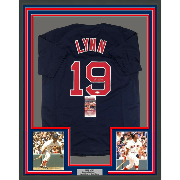 FRAMED Autographed/Signed FRED LYNN 33x42 Boston Blue Baseball Jersey JSA COA