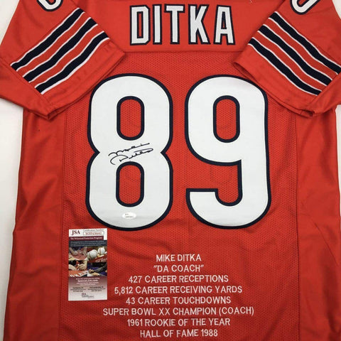 Autographed/Signed Mike Ditka Chicago Orange Stat Football Jersey JSA COA