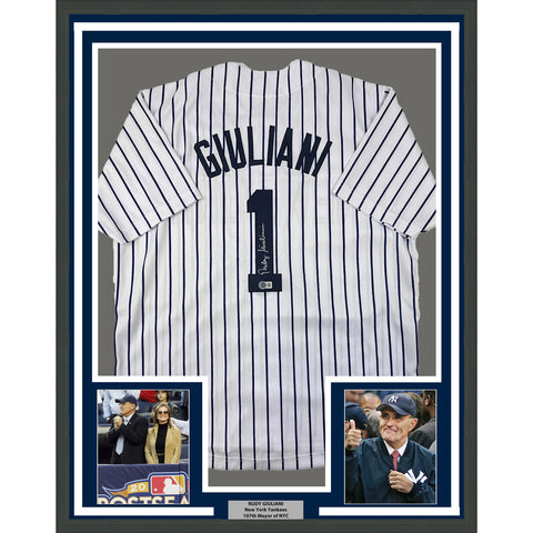 Framed Autographed/Signed Rudy Giuliani 33x42 New York Pinstripe Jersey BAS COA