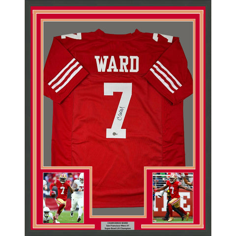 Framed Autographed/Signed Charvarius Ward 33x42 San Francisco Red Jersey BAS COA