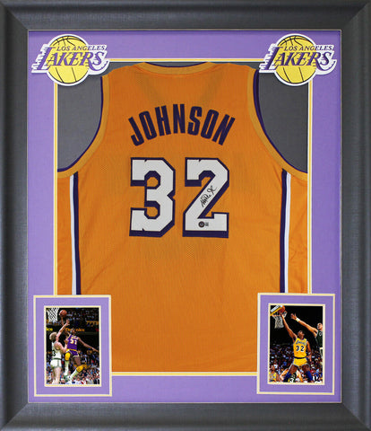 Magic Johnson Signed Yellow Pro Style Framed Jersey w/ White #'s BAS Witnessed