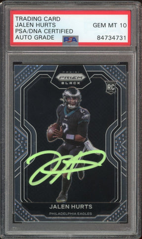 2020 Prizm Black #PB19 Jalen Hurts RC On Card Green Ink PSA/DNA Auto GEM MINT 10
