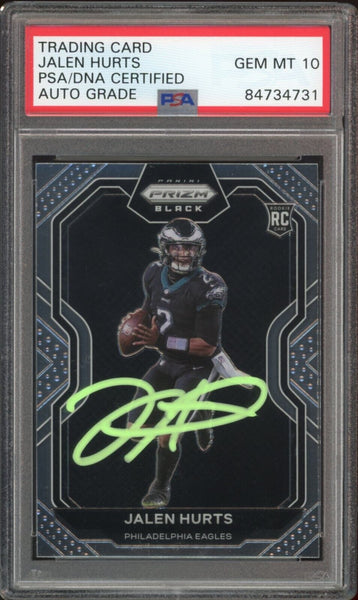 2020 Prizm Black #PB19 Jalen Hurts RC On Card Green Ink PSA/DNA Auto GEM MINT 10