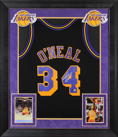 Lakers Shaquille O'Neal Signed Black M&N 96-97 HWC Swingman Framed Jersey BAS W