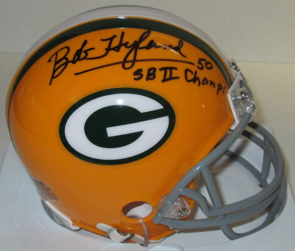 Packers BOB HYLAND Signed Throwback Mini Helmet AUTO w/ "SB II CHAMPS"