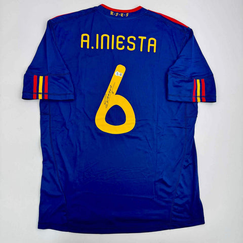 Autographed/Signed Andres Iniesta Spain Blue World Cup Jersey Beckett BAS COA
