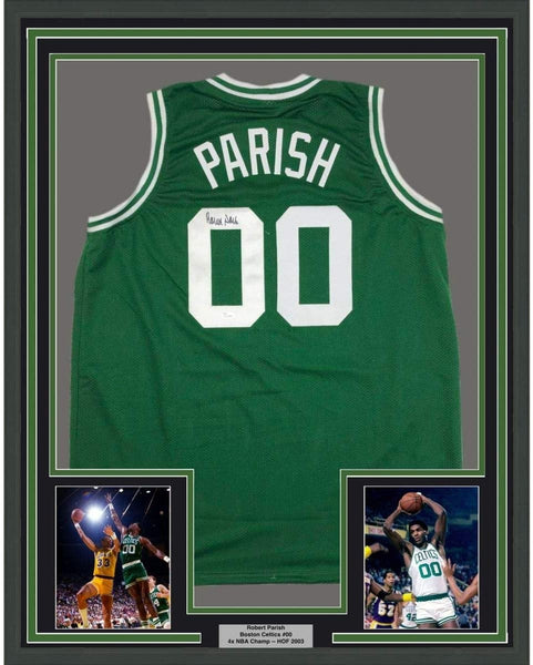 Framed Autographed/Signed Robert Parish 35x39 Boston Green Jersey JSA COA