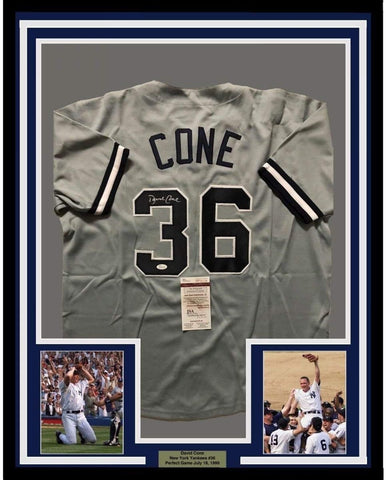 FRAMED Autographed/Signed DAVID CONE 35x39 New York Grey Jersey JSA COA