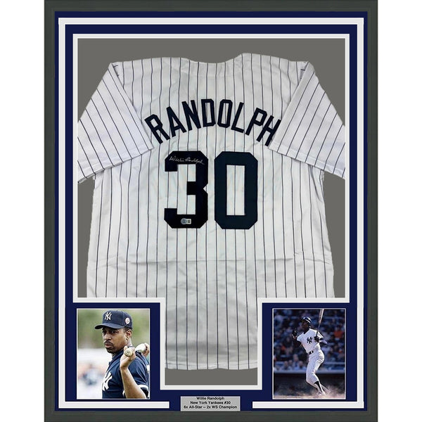 Framed Autographed/Signed Willie Randolph 35x39 NY Pinstripe Jersey BAS COA