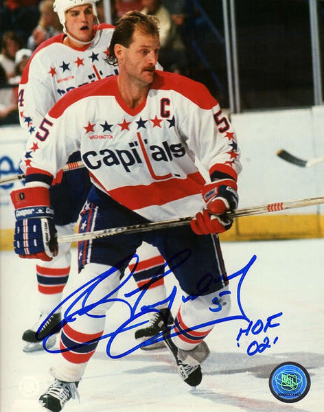 Rod Langway Signed Capitals White Jersey Action 8x10 Photo w/HOF'02 - (SS COA)