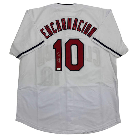 Autographed/Signed Edwin Encarnacion Cleveland White Baseball Jersey JSA COA