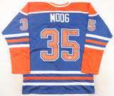 Andy Moog Signed Edmonton Oilers Blue Jersey (JSA COA) 4xStanley Cup Champion