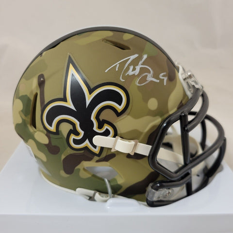DREW BREES SIGNED NEW ORLEANS SAINTS CAMO SPEED MINI HELMET BECKETT QR