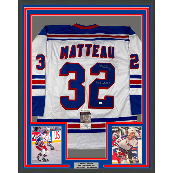 Framed Autographed/Signed Stephane Matteau 94 Champs 33xx42 White Jersey JSA COA