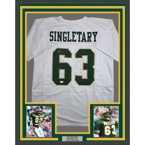 Framed Autographed/Signed Mike Singletary 35x39 Baylor White Jersey BAS COA
