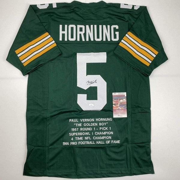 Autographed/Signed Paul Hornung Green Bay Green Stat Jersey JSA COA