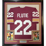 Framed Autographed/Signed Doug Flutie 35x39 Boston Maroon Jersey BAS COA