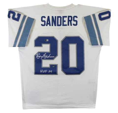 Lions Barry Sanders "HOF 04" Signed White Mitchell & Ness TB Jersey BAS Witness