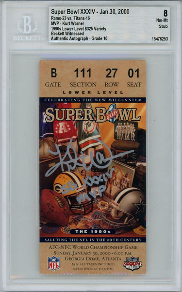 Kurt Warner Signed St Louis Rams Grade 8 Ticket Stub SB MVP Beckett 40340