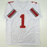 Autographed/Signed JUSTIN FIELDS Ohio State White Jersey Beckett BAS COA