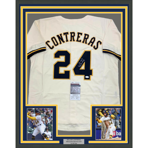 Framed Autographed/Signed William Contreras 35x39 Milwaukee Cream Jersey JSA COA