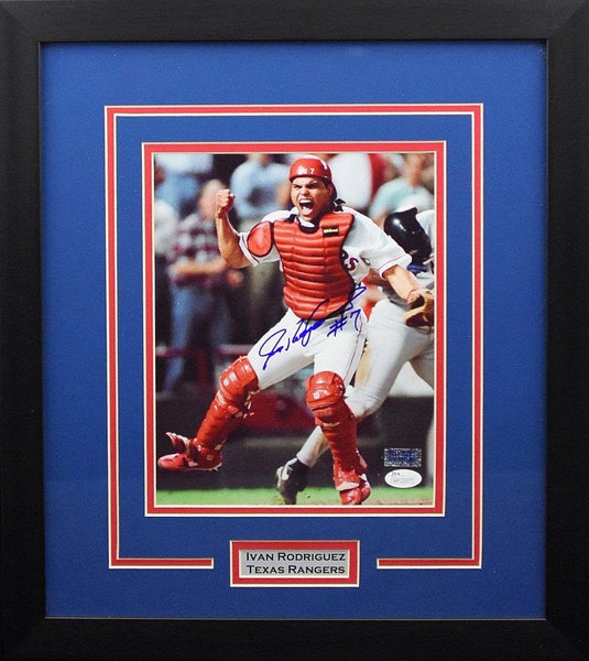 IVAN PUDGE RODRIGUEZ SIGNED TEXAS RANGERS 8x10 FRAMED PHOTO JSA