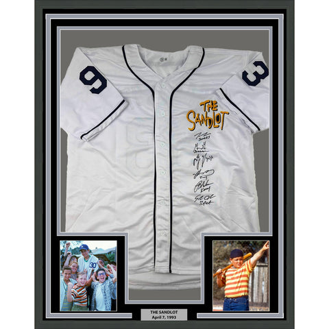 Framed Autographed/Signed The Sandlot Movie 33x42 6x Sigs White Jersey BAS COA