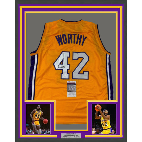 Framed Autographed/Signed James Worthy 33x42 Los Angeles Yellow Jersey JSA COA