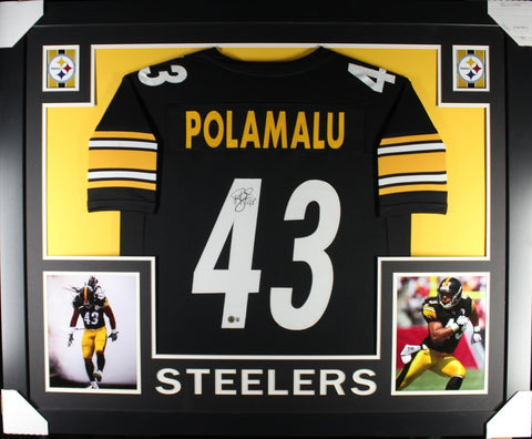 Troy Polamalu Autographed Pro Style Black XL Framed Jersey 35x43 Beckett 51233