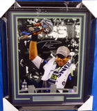RUSSELL WILSON AUTOGRAPHED FRAMED 16X20 PHOTO SEAHAWKS SB TROPHY RW 185068