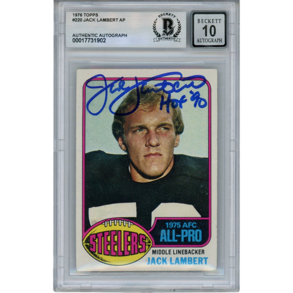 Jack Lambert Signed Pittsburgh Steelers 1976 Topps 220 Card HOF 10 Beckett 46391