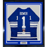 Framed Autographed/Signed Johnny Bower 35x39 Toronto Blue Jersey JSA COA