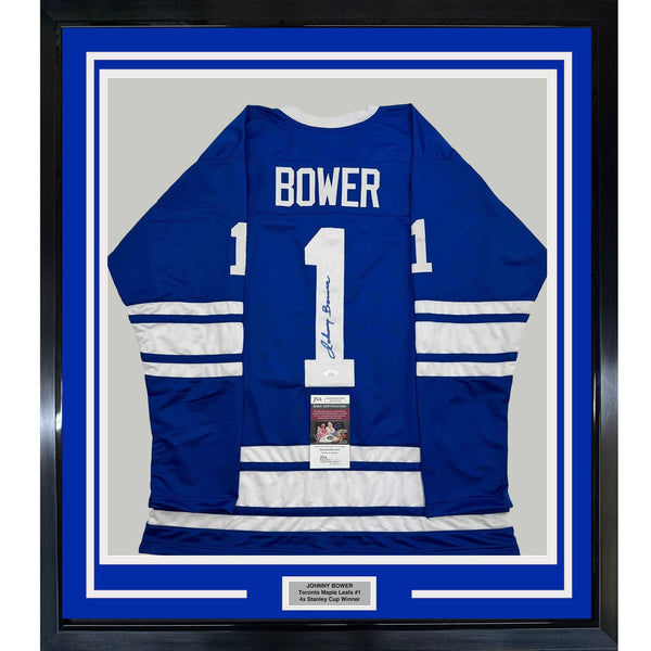 Framed Autographed/Signed Johnny Bower 35x39 Toronto Blue Jersey JSA COA