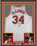 Framed Signed Hakeem Olajuwon 35x39 Houston White Jersey BAS COA