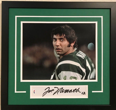 FRAMED 11X14 JOE NAMATH SIGNED NEW YORK JETS JERSEY NUMBER CUT PSA COA