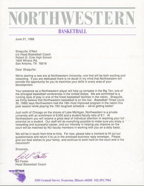 1988 Northwestern Shaquille O'Neal Recruitment Letter
