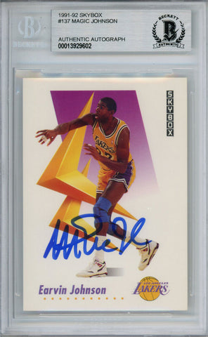 Magic Johnson Signed 1991-92 Skybox #137 Trading Card Beckett Slab 37660